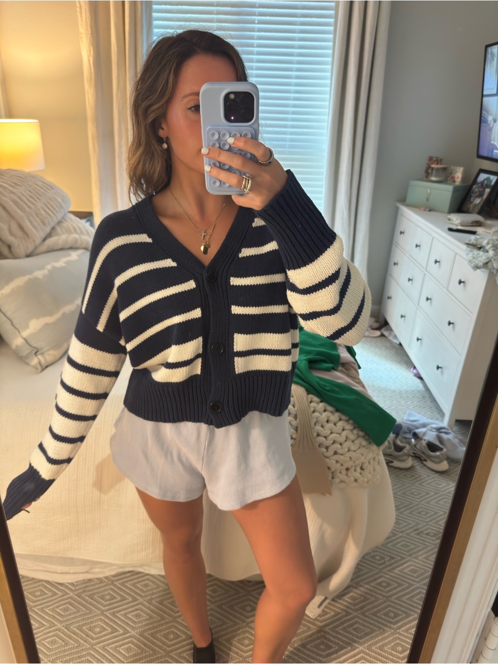 Cropped Navy and White Striped V-Neck Button Cardigan Sweater